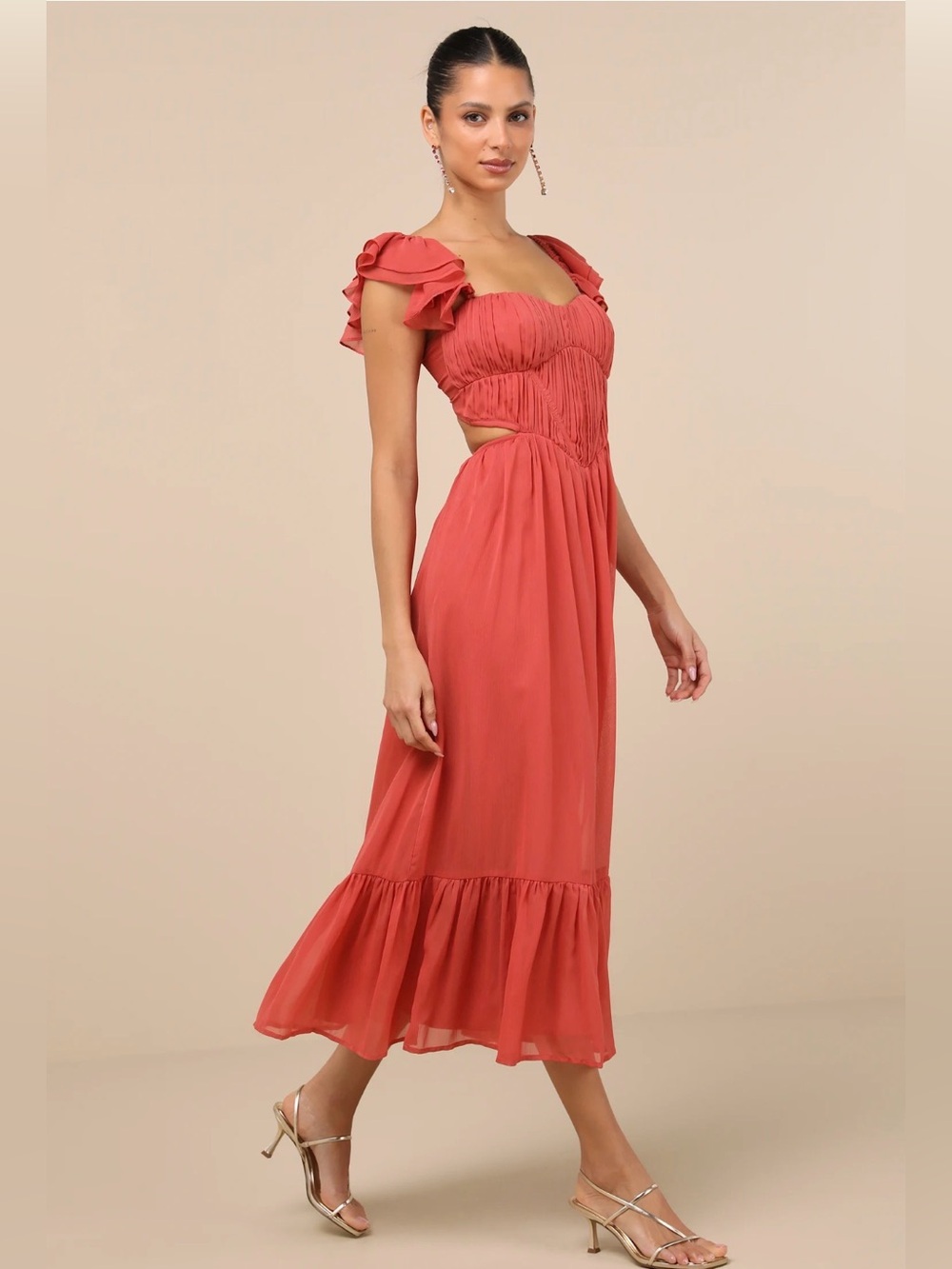 Lulus Mio Rusty Rose Pleated Tie-Back Midi Dress medium